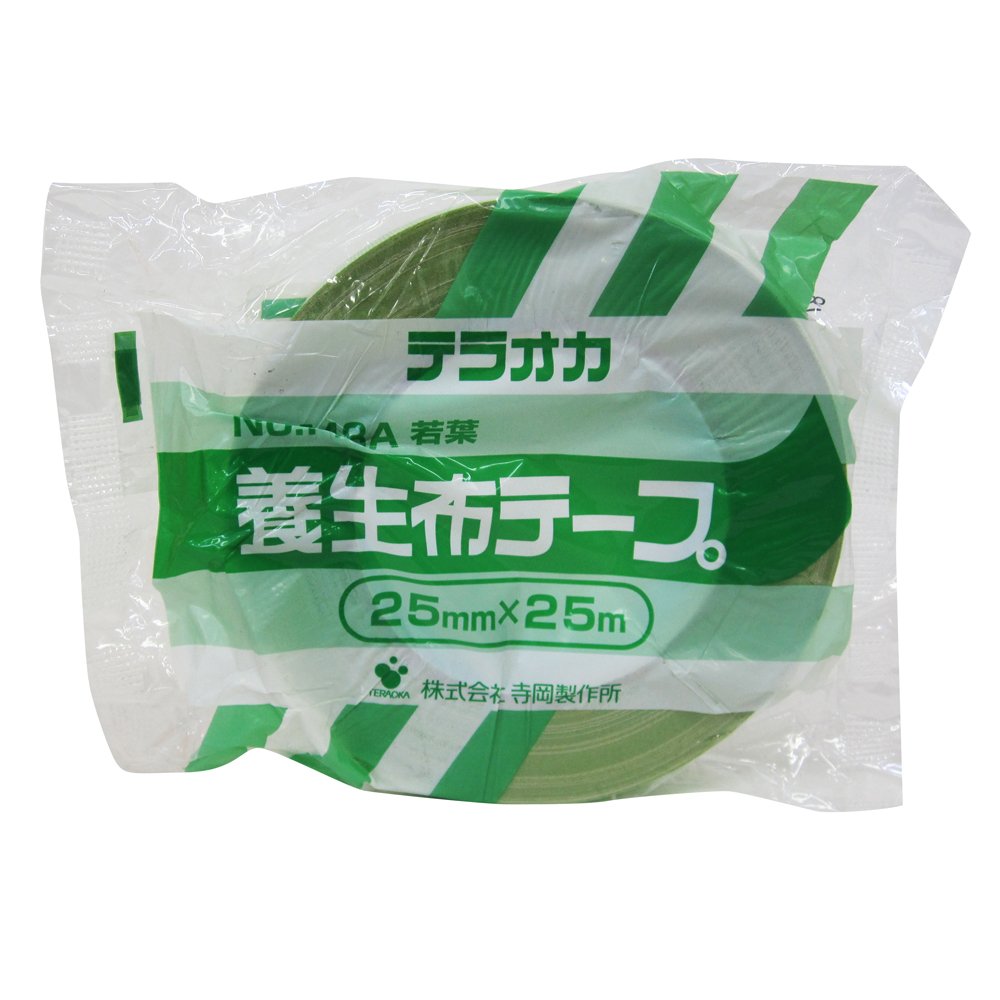 ◆商品名：寺岡製作所 TERAOKA NO.148A 養生布テープ 若葉 25ミリX25M【特長】 ●曲面、粗面によくつき、糊残りが少ない ●手できれいに切れる 【用途】 ●屋外、壁面などの建築塗装養
