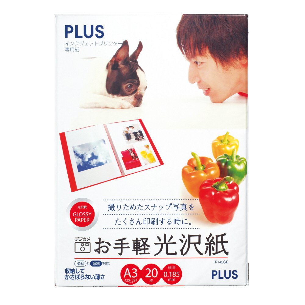 ◆商品名：プラス インクジェット用紙 お手軽光沢紙 A3判 20枚入 IT-142GE 46-056説明デジカメ写真に最適なキャスト紙ベースの光沢紙。美しく色を再現します。紙厚は大量プリント向きの薄手