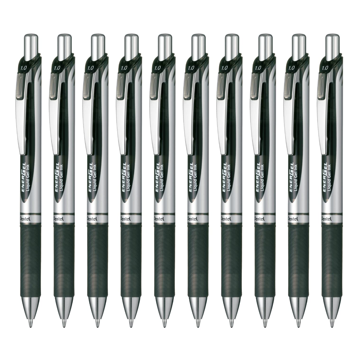 ◆商品名：ぺんてる ボールペン ゲルインキ エナージェル ノック式 1.0mm シルバー軸 BL80-A 黒 10本