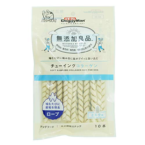 ◆商品名：ドギーマン 犬用おやつ 無添加良品 チューイングコラーゲン ロープ 10本 10個 (x 1)説明商品紹介保存料、着色料、発色剤、酸化防止剤は使用していません。 甘く香るミルク味がおいしい、