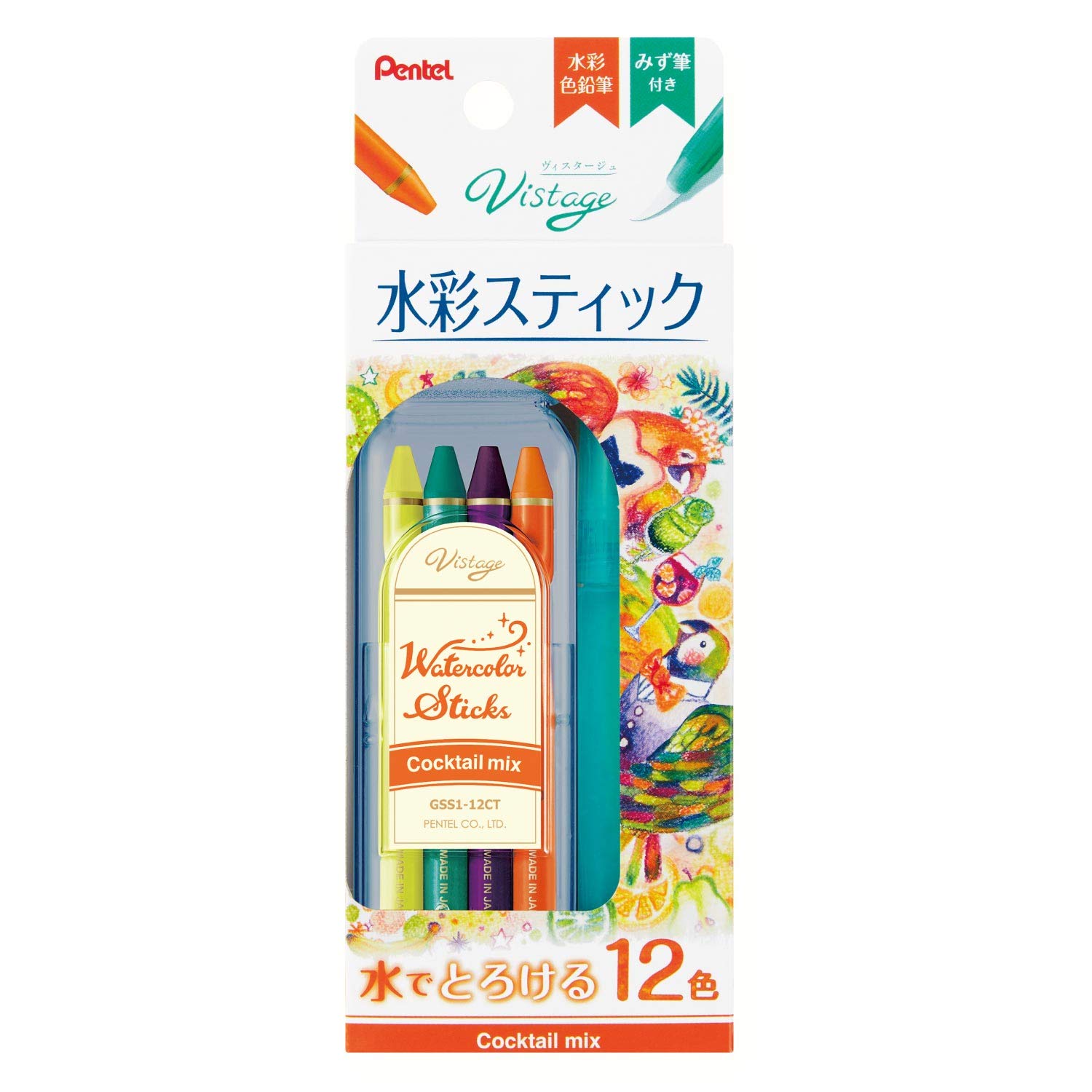 ◆商品名：ぺんてる 全芯色鉛筆 水彩スティック 12色 カクテルミックス GSS1-12CT