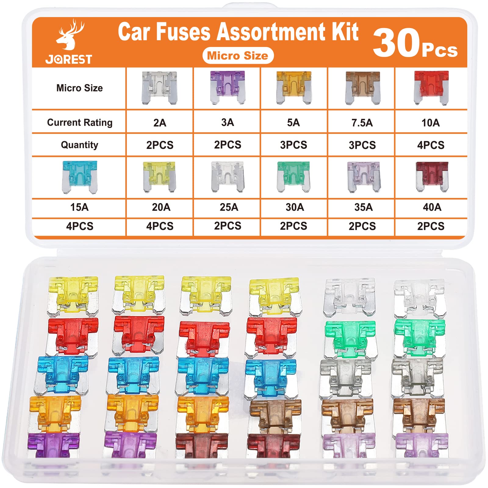 ◆商品名：JOREST 30個車ヒューズ、車/トラック/オートバイ用(2A 3A 5A 7.5A 10A 15A 20A 25A 30A 35A 40A)、低背平型ヒューズ