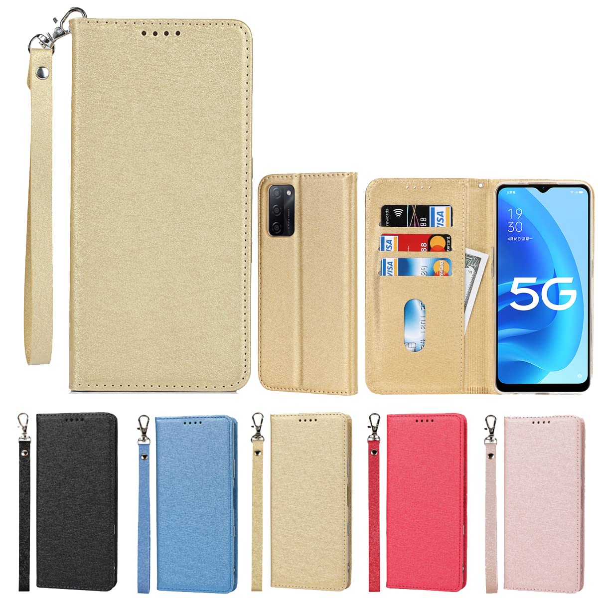 ◆商品名：OPPO A55S 5G ケース 手帳 財布型 OPPOA55S 5G ケースoppo a55s 5g カバー 手帳型ストラップ付き PU皮革 明るい色 内蔵マグネット 携帯カ