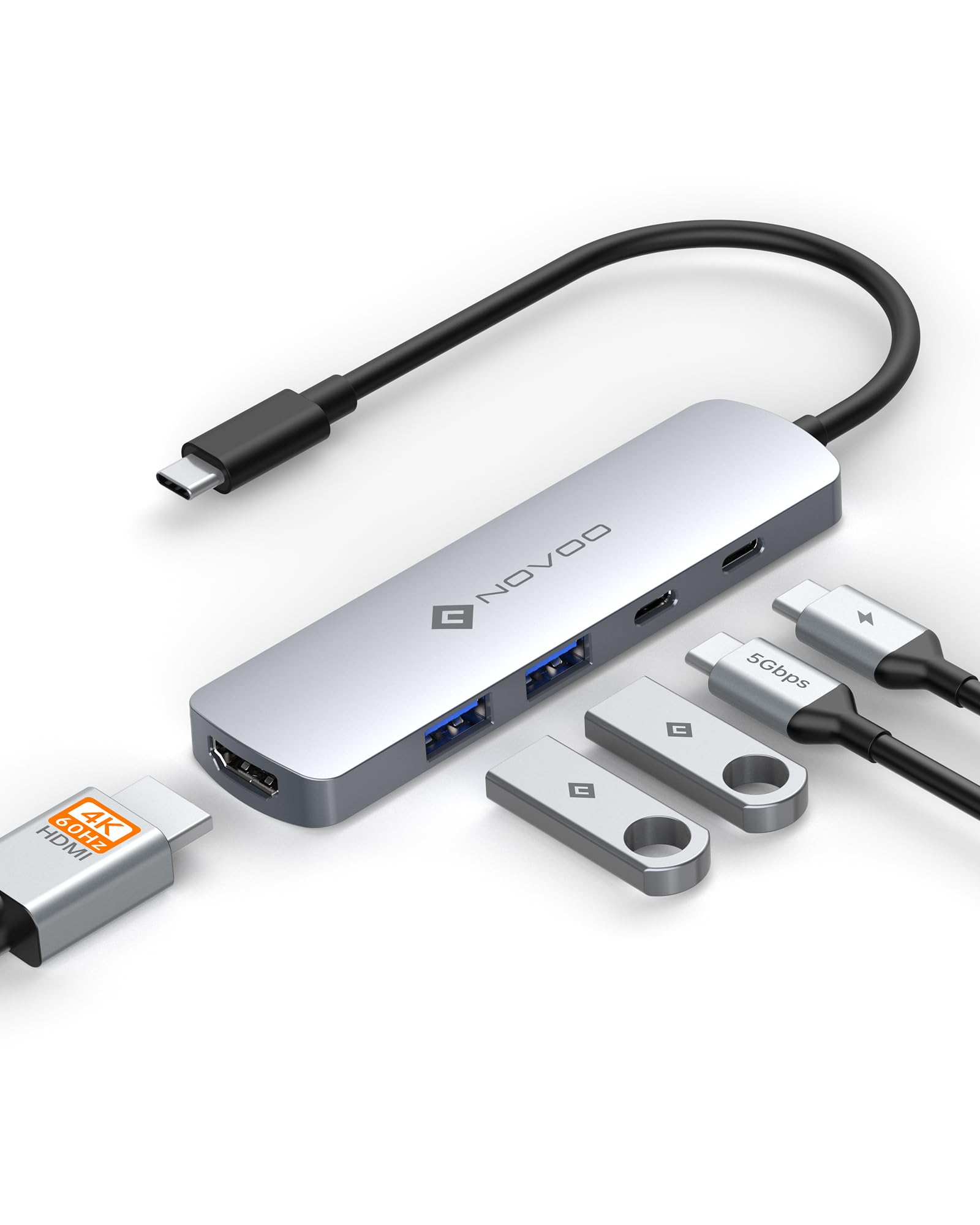 ◆商品名：NOVOO 5-in-1 4K@60Hz HDMI USB-C 3.0 ハブ タイプ C アダプター【4K@60Hz HDMI+2*USB-A+USB-C 5Gbps超高速転送+PD100W